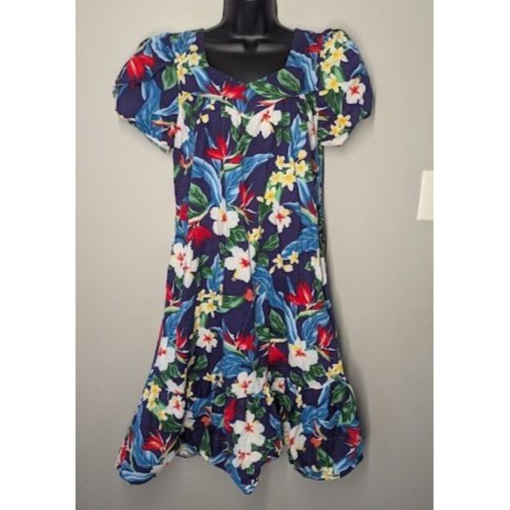 Ky’s Red, Blue & White Floral Hawaiian Midi Muumuu Dress Cotton Size Large